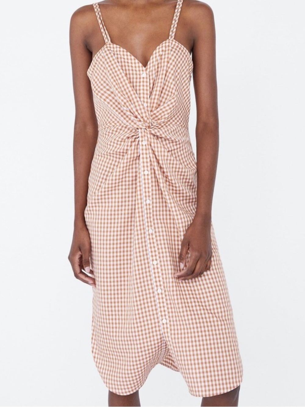 Zara Peach Gingham Tie-Front Midi Dress